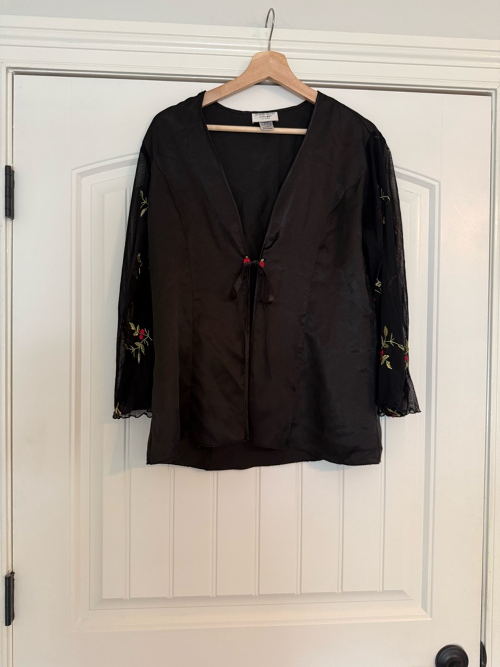 Vintage 90s Large WhimsiGoth Kimono Black Satin Sheer Rose Embroidery Fairy